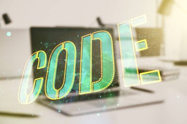 Modern bilgisayar geçmişi, yapay zeka ve sinirsel ağ konsepti üzerine yaratıcı kod kelime hologramı. Çoklu pozlama