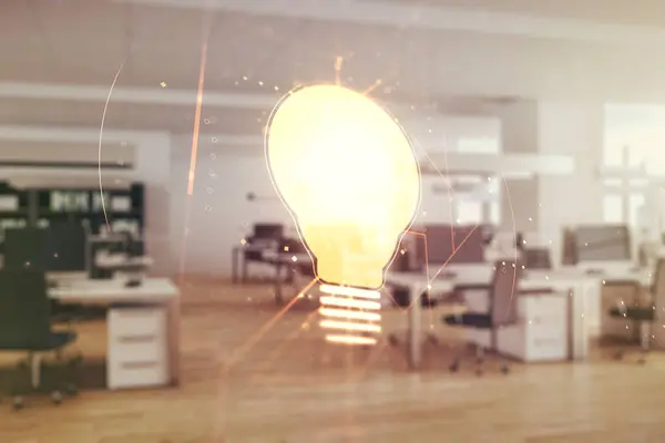 Ideia Virtual conceito com ilustração lâmpada em um moderno fundo de escritório mobilado. Multiexposição — Fotografia de Stock