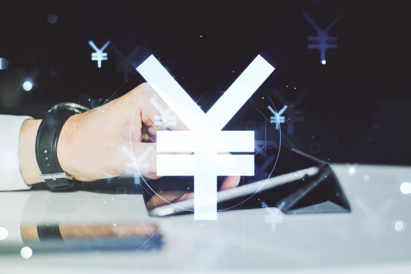 Conceito criativo de Iene japonês símbolo ilustração e cliques de dedo em um tablet digital no fundo. Conceito de negociação e moeda. Multiexposição — Fotografia de Stock