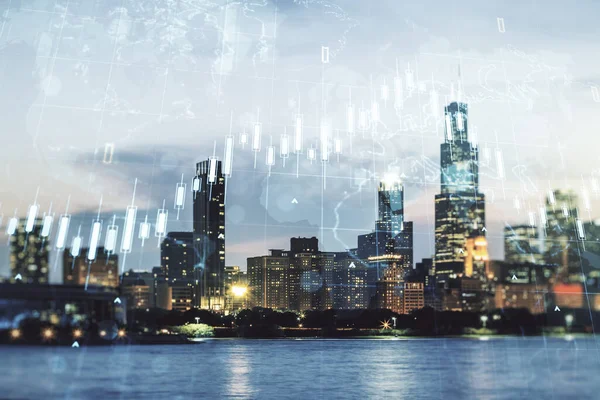 Dvojitá expozice abstraktní kreativní finanční mapy hologramu a světové mapy na pozadí mrakodrapů Chicaga, výzkum a strategický koncept — Stock fotografie