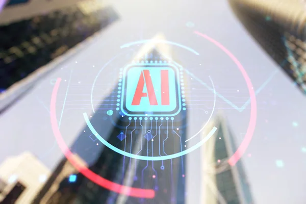 Podwójna ekspozycja twórczego hologramu sztucznej inteligencji na zamazane tło pejzażu miasta. Przyszłe technologie i koncepcja AI — Zdjęcie stockowe