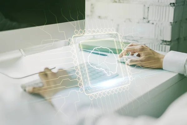 Double exposure of creative artificial Intelligence symbol with hands typing on laptop on background. Neural networks and machine learning concept — Stock Photo, Image