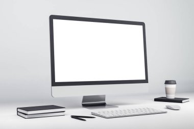 Masaüstünde beyaz ekran olan modern bilgisayarın bir kopyası. 3B Hazırlama