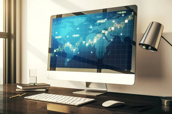 Monitor de computadora con gráfico financiero creativo abstracto con mapa del mundo, concepto financiero y comercial. Renderizado 3D —  Fotos de Stock
