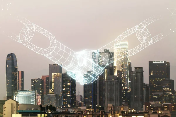 Abstract virtual block chain technology sketch with handshake on Los Angeles office buildings background, future technology and blockchain concept. Double exposure