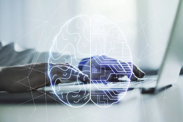 Creative artificial Intelligence concept with human brain sketch and hands typing on computer keyboard on background. Double exposure — Stock Photo, Image