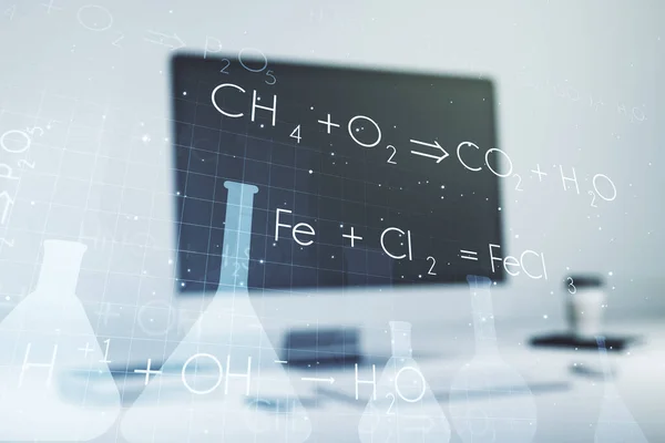 Conceito de química criativa em segundo plano laptop moderno. Multiexposição — Fotografia de Stock