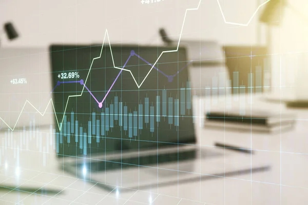 Doppelbelichtung des abstrakten kreativen Finanzdiagramms auf modernem Laptop-Hintergrund, Forschungs- und Strategiekonzept — Stockfoto