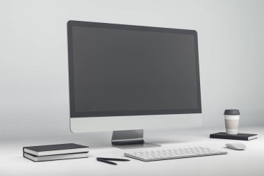 Beyaz masadaki modern bilgisayar ekranının bir kopyası. 3B Hazırlama