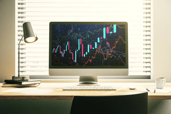 Abstrakt kreativ finansiell graf på modern bärbar skärm, forex och investeringskoncept. 3D-återgivning — Stockfoto