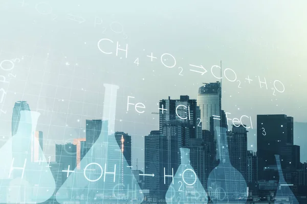 Abstract virtual creative chemistry hologram on Los Angeles skyline background. Multiexposure