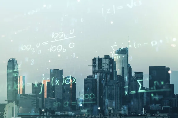 과학 공식 설명 (Scientific formula illustration on Los Angeles cityscape background), 과학 및 연구 개념. 과잉 노출 — 스톡 사진