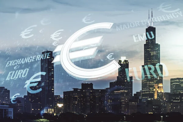 Símbolos EURO virtuais esboço em Chicago prédios de escritórios fundo, estratégia e conceito de previsão. Multiexposição — Fotografia de Stock