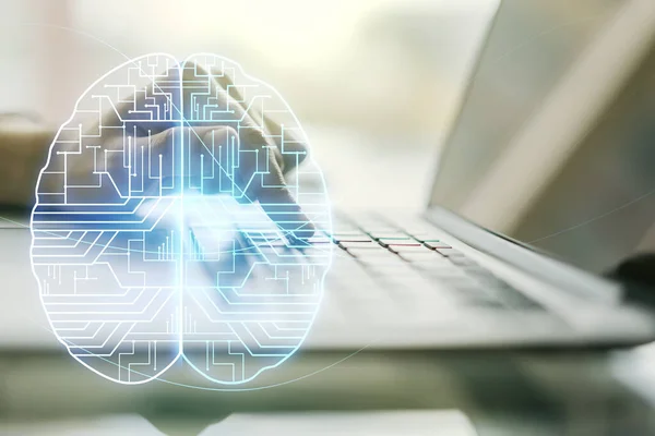 Dubbel exponering av kreativ artificiell intelligens symbol med händerna skriva på bärbar dator på bakgrunden. Neurala nätverk och maskininlärningskoncept — Stockfoto