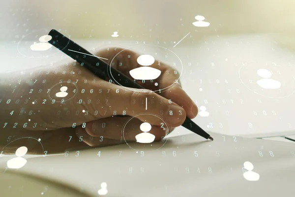 Sociaal netwerk concept met man handschrift in notebook op de achtergrond. Meervoudige blootstelling — Stockfoto