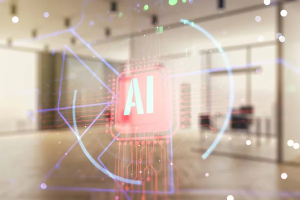 Abstrakcyjny hologram symbolu wirtualnej sztucznej inteligencji na nowoczesnym umeblowanym tle biurowym. Wieloskładnikowa — Zdjęcie stockowe