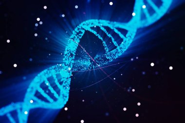 Mavi arka plan, bilim ve biyoloji konsepti üzerine yaratıcı ışık DNA çizimi. 3B Hazırlama