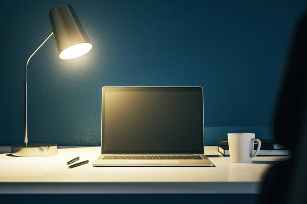 Modern laptop on white table with lamp and cup of coffee at night. 3D Rendering