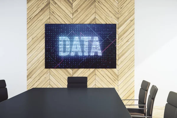 Creative Data Word ολόγραμμα στην οθόνη παρουσίασης σε μια σύγχρονη αίθουσα συνεδριάσεων, μεγάλα δεδομένα και blockchain έννοια. 3D απόδοση — Φωτογραφία Αρχείου
