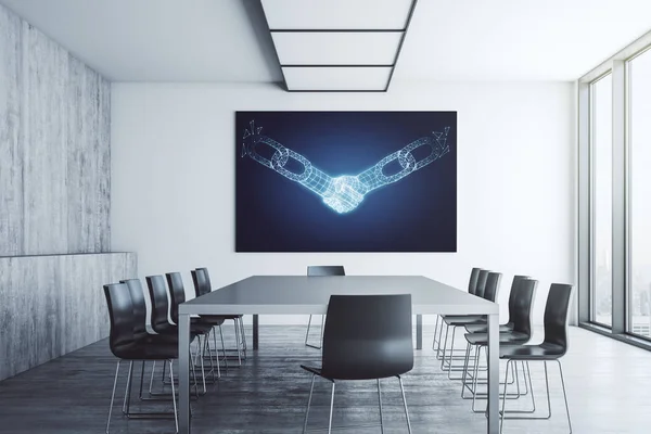 Creative abstract block chain technology hologram with handshake on tv display in a modern presentation room, cryptography and decentralization concept. 3D Rendering