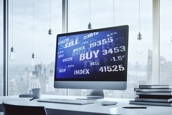 Grafico finanziario creativo astratto sul monitor portatile moderno, sul forex e sul concetto di investimento. Rendering 3D — Foto Stock