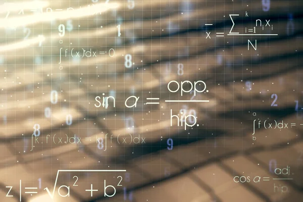 Fórmula científica abstrata holograma sobre fundo metálico abstrato embaçado. Multiexposição — Fotografia de Stock