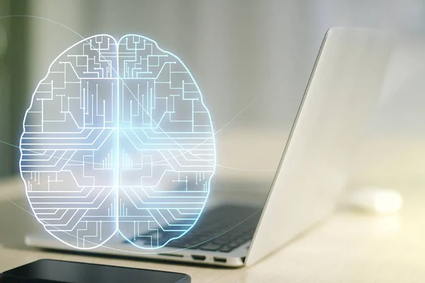 Doppia esposizione di microcircuito creativo del cervello umano con computer sullo sfondo. Tecnologia futura e concetto di AI — Foto Stock
