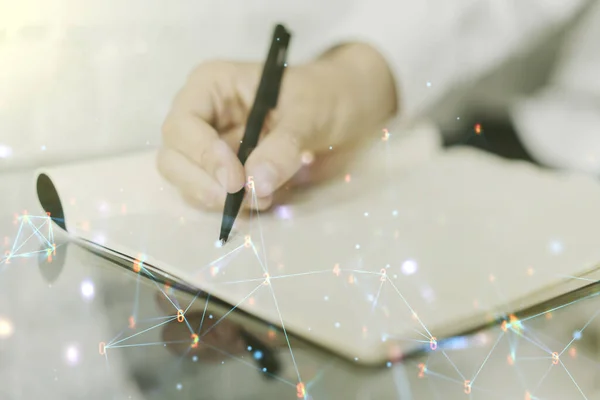 Creatief concept van draadloze technologie en handschrift in notebook op de achtergrond. Big data en database concept. Meervoudige blootstelling — Stockfoto