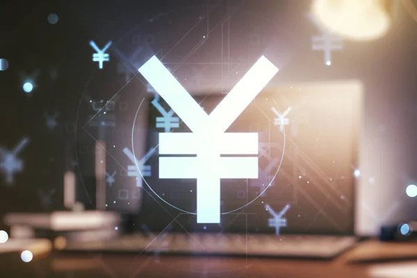 Doppelbelichtung des kreativen japanischen Yen-Symbolhologramms auf Laptop-Hintergrund. Banken- und Investitionskonzept — Stockfoto