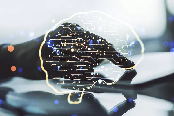 Kreativ artificiell intelligens koncept med mänskliga hjärnan hologram och fingerklick på en digital tablett på bakgrunden. Multiexponering — Stockfoto