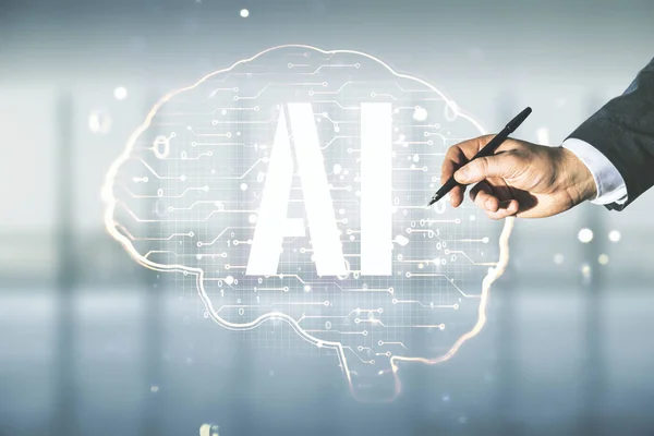 Man hand with pen working with virtual creative artificial Intelligence hologram with human brain sketch on blurred office background. Multiexposure — Stock Photo, Image