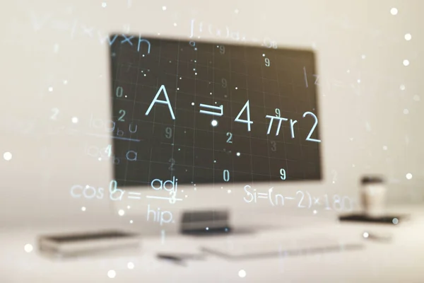 Double exposure of creative scientific formula concept on laptop background, research and development concept — Stock Photo, Image