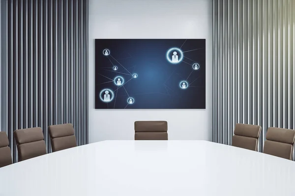 Modern bir toplantı odasında sunum ekranında sosyal ağ simgeleri konsepti. Pazarlama ve tanıtım konsepti. 3B Hazırlama — Stok fotoğraf