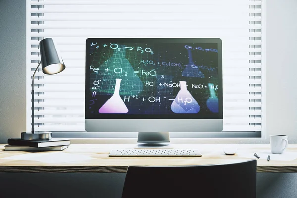 Moderní počítačový monitor s koncepcí kreativní chemie, výzkumu a vývoje. 3D vykreslování — Stock fotografie