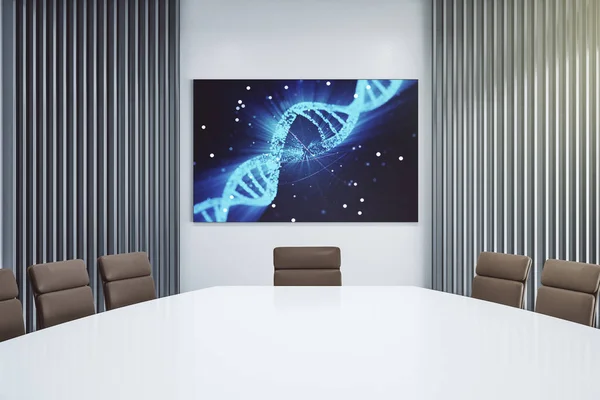 Modern bir konferans odasında sunum ekranında DNA sembollü yaratıcı bir konsept. Genom araştırma konsepti. 3B Hazırlama — Stok fotoğraf