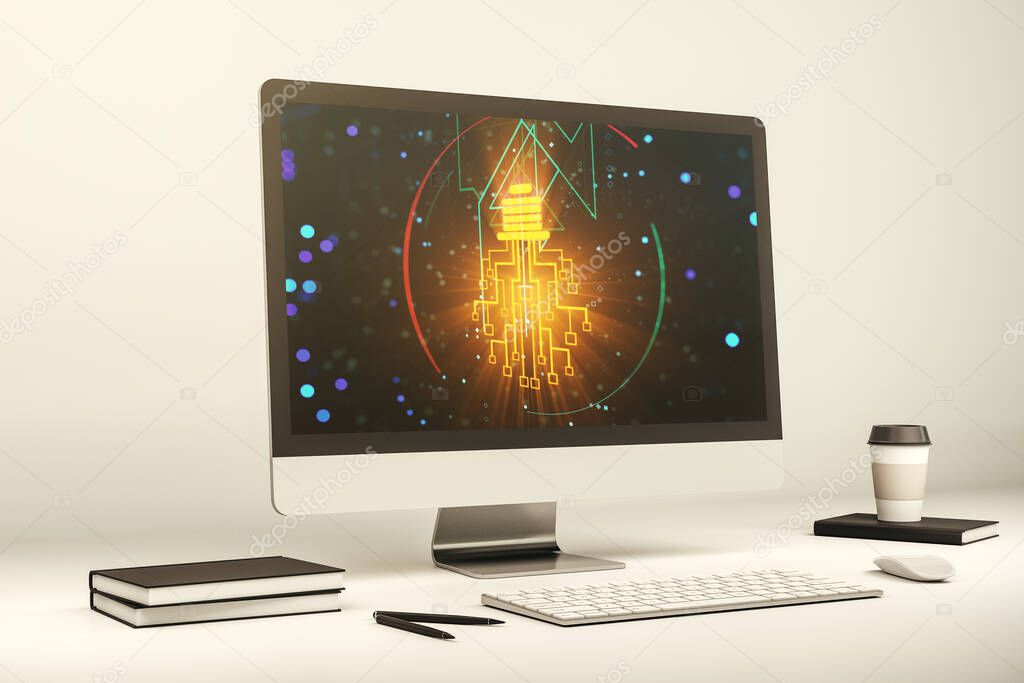 Modern computer monitor with creative light bulb hologram and chip on laptop background, idea and brainstorming concept. 3D Rendering