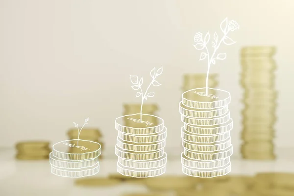 돈을 절약하는 가상의 방법은 동전의 성장, 축적 및 통화 개념의 성장을 나타내는 것이다. 두 번 노출 — 스톡 사진