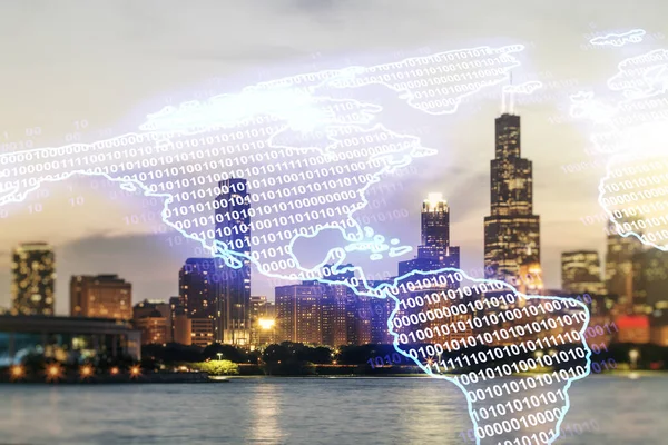 Digital map of North America hologram on Chicago cityscape background, global technology concept. Multiexposure