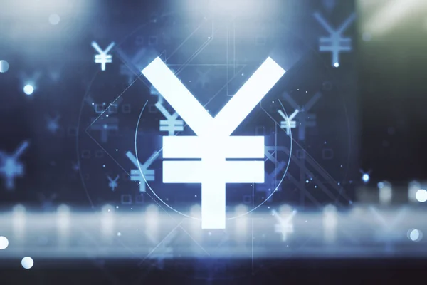 Resumo virtual Yen japonês símbolo esboço no contemporâneo business center exterior fundo, estratégia e conceito de previsão. Multiexposição — Fotografia de Stock