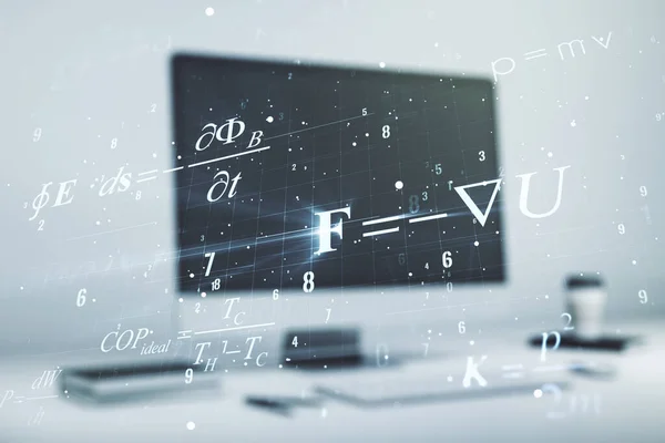 Fórmula científica creativa holograma en fondo portátil moderno, concepto de investigación. Multiexposición — Foto de Stock
