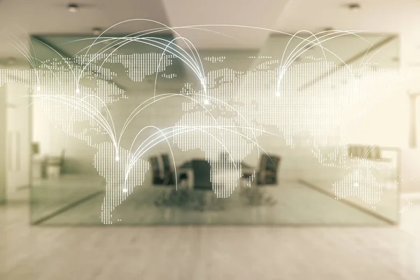 Abstrakte virtuelle Weltkarte mit Verbindungen auf modern eingerichtetem Bürohintergrund, internationales Handelskonzept. Mehrfachexposition — Stockfoto