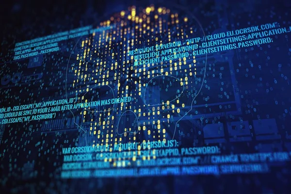 Abstract virtuele code schedel illustratie op blauwe achtergrond. Hacken en phishing concept. 3D-weergave — Stockfoto