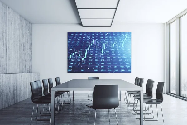 Creative statistics data hologram on presentation tv screen in a modern meeting room, stats and analytics concept. 3D Rendering