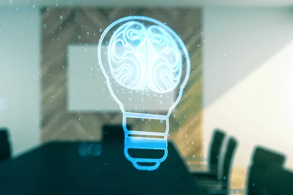 Abstract virtual light bulb illustration with human brain on a modern coworking room background, future technology concept. Multiexposure