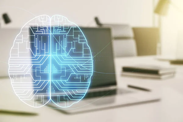 Podwójna ekspozycja na kreatywny mikroobwód ludzkiego mózgu z komputerem na tle. Przyszłe technologie i koncepcja AI — Zdjęcie stockowe
