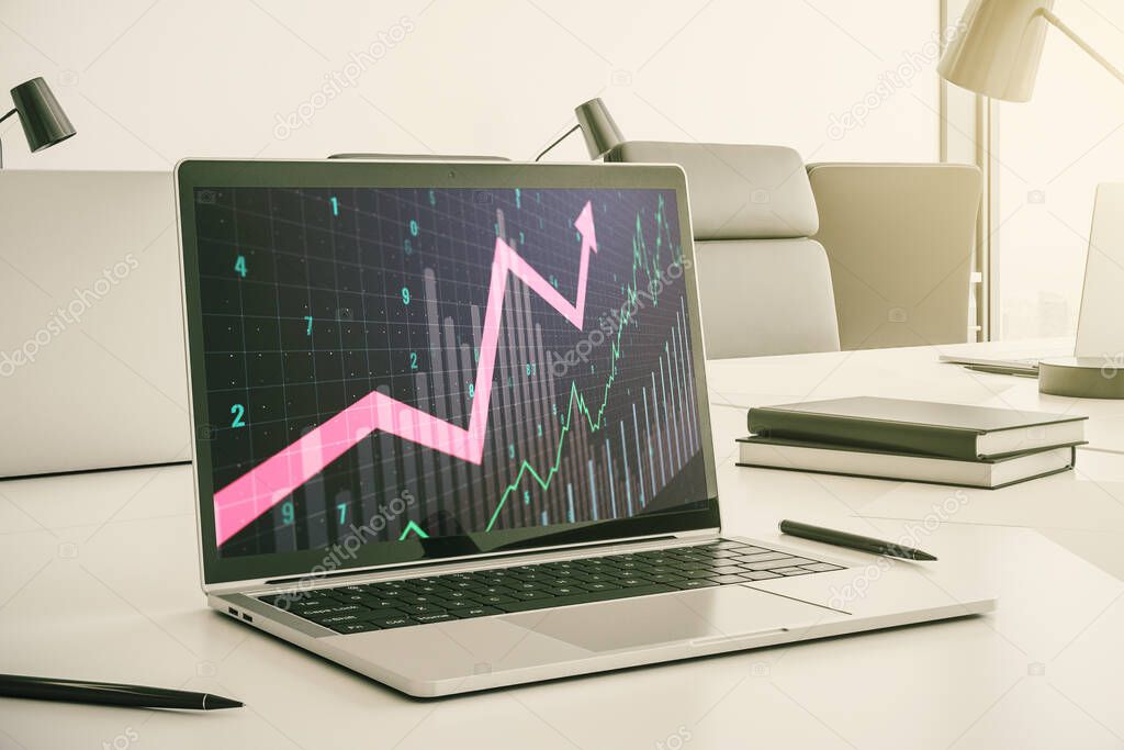 Modern computer screen with abstract creative financial chart and upward arrow, rise and breakthrough concept. 3D Rendering