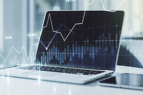 Abstrakte kreative Finanzgrafik auf modernem Laptop-Hintergrund, Finanz- und Handelskonzept. Mehrfachexposition — Stockfoto