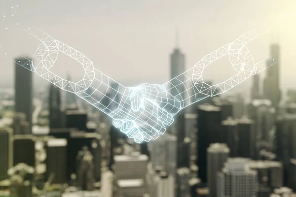 Abstract virtual block chain technology hologram with handshake on blurry skyscrapers background, cryptography and decentralization concept. Multi exposure