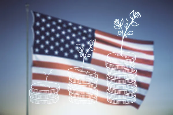 Virtual cash savings illustration on US flag and blue sky background. Retirement savings and capital increase concept. Multiexposure