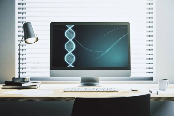 Esboço de DNA criativo no monitor de laptop moderno, biotecnologia e conceito genético. Renderização 3D — Fotografia de Stock